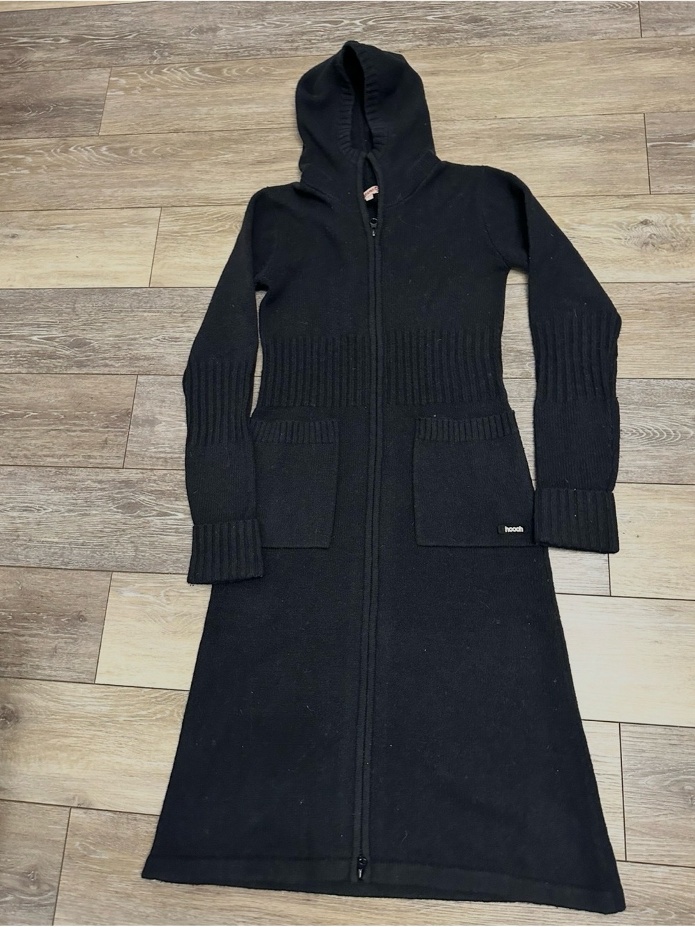 Love 5 Hooch brand Lambswool black ribbed knit hooded longline cardigan